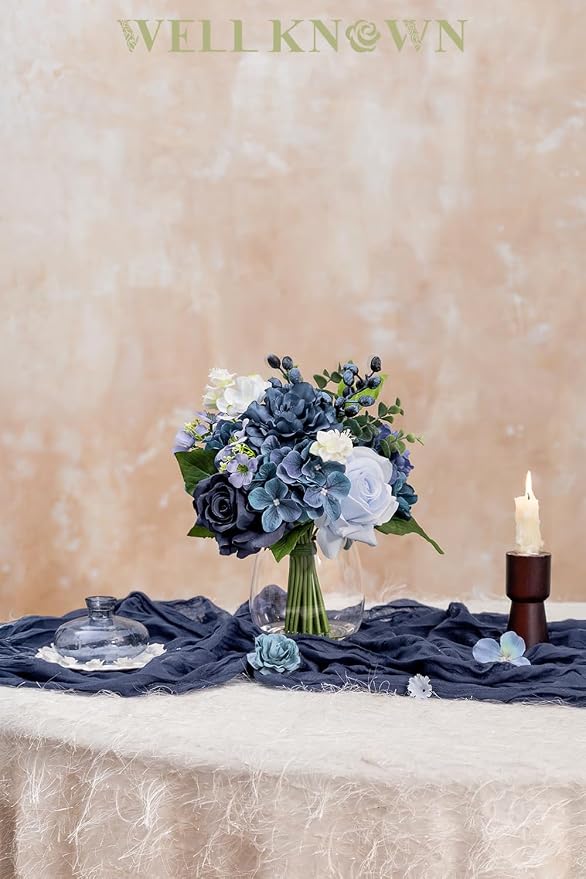 WELL KNOWN Fake Flowers in Vase with Fake Water, Artificial Flowers Indoor Arrangements, Faux Silk Blue Berry Rose Hydrangea Dining Table Centerpiece for Home Wedding Party Decor & Gift (Navy Blue)