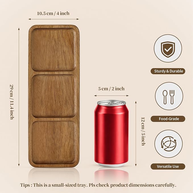 Small Wooden Tray | Acacia Wood Tray for Vanity, Bathroom Counter, Coffee Table & Toilet | Perfect for Jewelry, Key & Catch All | Mini Charcuterie Board Serving Platter (Rectangular 3-Compartment)