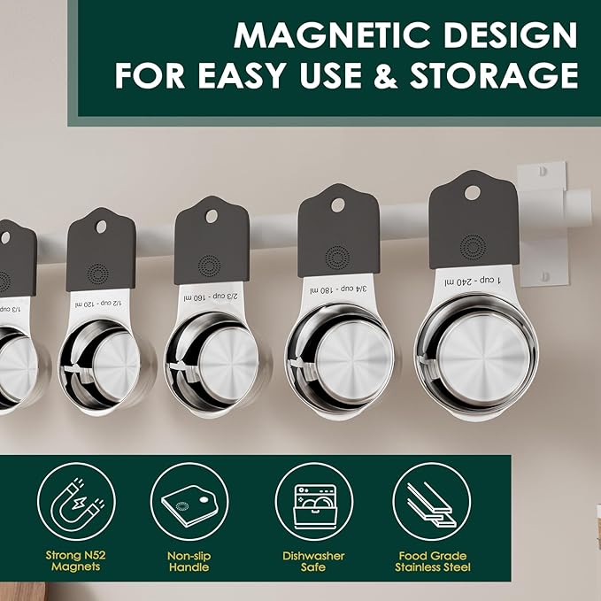 Magnetic Measuring Cups & Spoons Set, Heavy Duty 304 Stainless Steel, Double Measurement Markings, Strong N52 Magnet, Set of 16 with Leveler for Measure Dry & Liquid Ingredient, Dishwasher Safe, Black