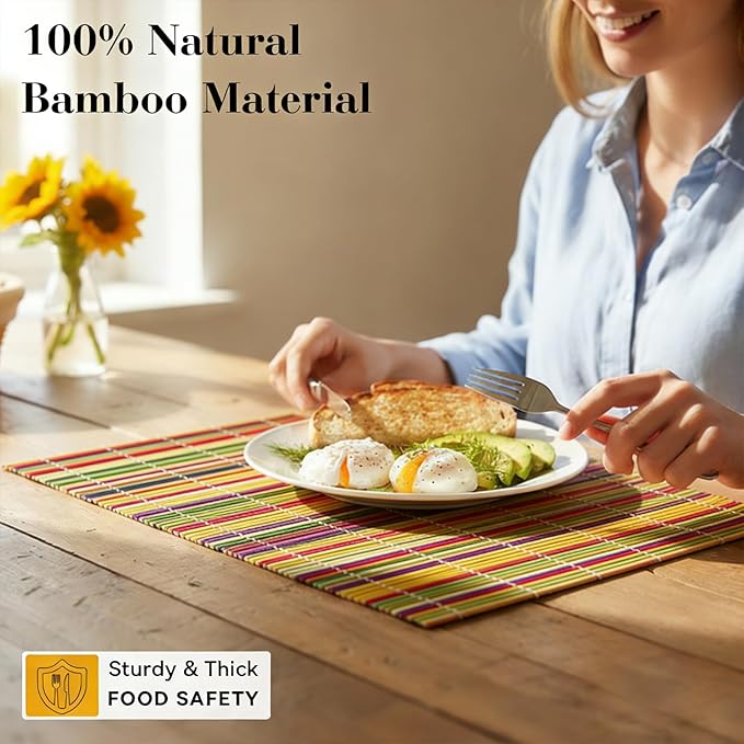 4-Pack Bamboo Placemats,Woven Heat-Resistant Rectangular Table Mats, Natural Rectangular Dining Place Mats, Rustic Japanese Style Plate Mats for Indoor Dining, Kitchen and Party Use(Colorful