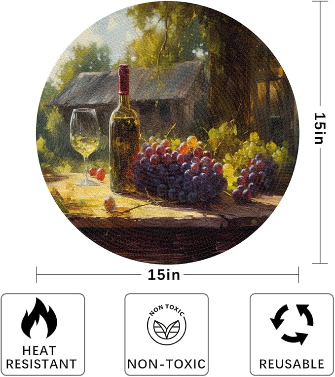 Round Placemats Set of 4, Sunny Red Wine Grapes Painting Woven Placemats Mats Non-Slip Heat Resistant Washable Table Mats Round Braided Place for Farmhouse Kitchen Dining Party Decor 15in