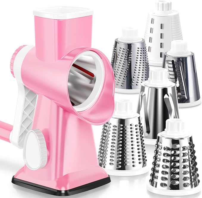 KEOUKE Rotary Cheese Grater Pro 6 in 1 - Shredder Crinkle Slicer Grinder Ice Shaver, Stable Suction, Time-saving Easy Use & Clean, Safe Morden Kitchen Tool for Cheese, Vegetable, Nuts, Chocolate