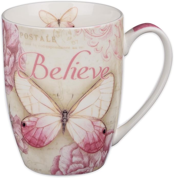 Christian Art Gifts Botanic Pink Butterfly Ceramic Coffee Mug – Inspirational Coffee Cup for Women & Men 12 oz. Lead-free Microwave and Dishwasher Safe Coffee Mug with Bible Verse: Believe - Mark 9:23
