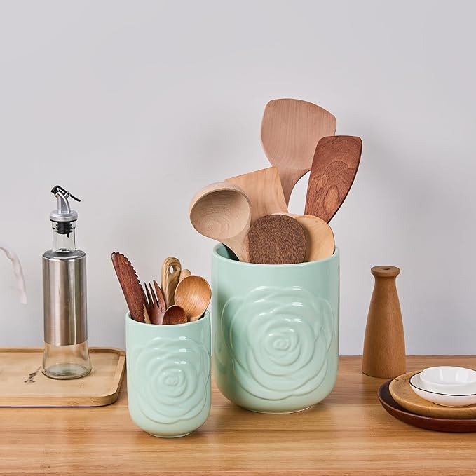 Large Utensil Holder Set of 2, 7.5"+ 5.5" - Ceramic Rose Kitchen Countertop Utensil Crock for Spatulas, Spoons & Cooking Tools, Farmhouse Kitchen Counter Decor, Green