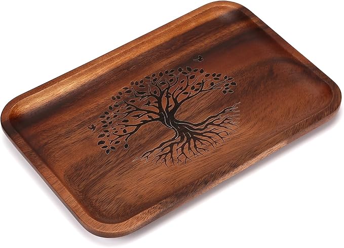 The Tree of Life Serving Acacia Wood Valet Tray for Men Women, Catch All Acacia Mens Key Dump Bedside Nightstand Organizer EDC Wooden Tray for Phone Watch Wallet Keys Jewelry