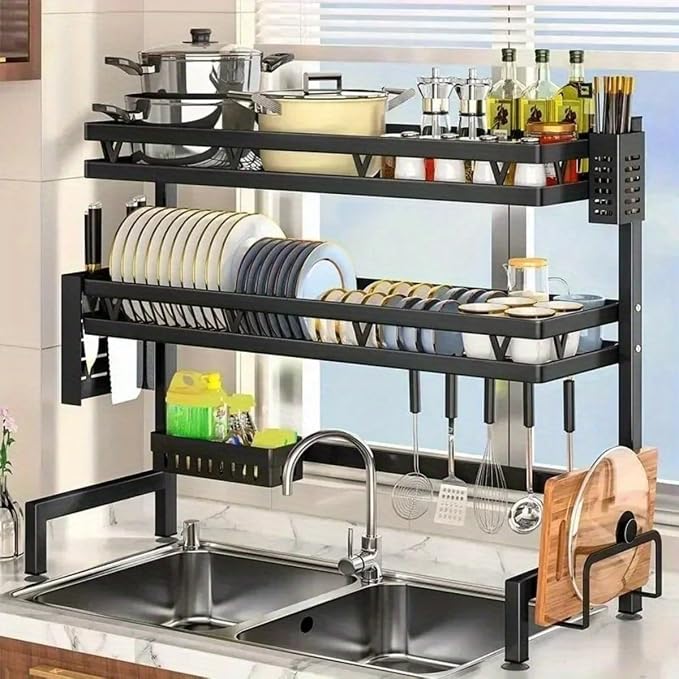 3-Tier Over Sink Dish Draining Rack Adjustable Width and Height with Phone Holder Cup Holder, Knife and Chopstick Holder, Cutting Board Rack, Space-Saving Rack