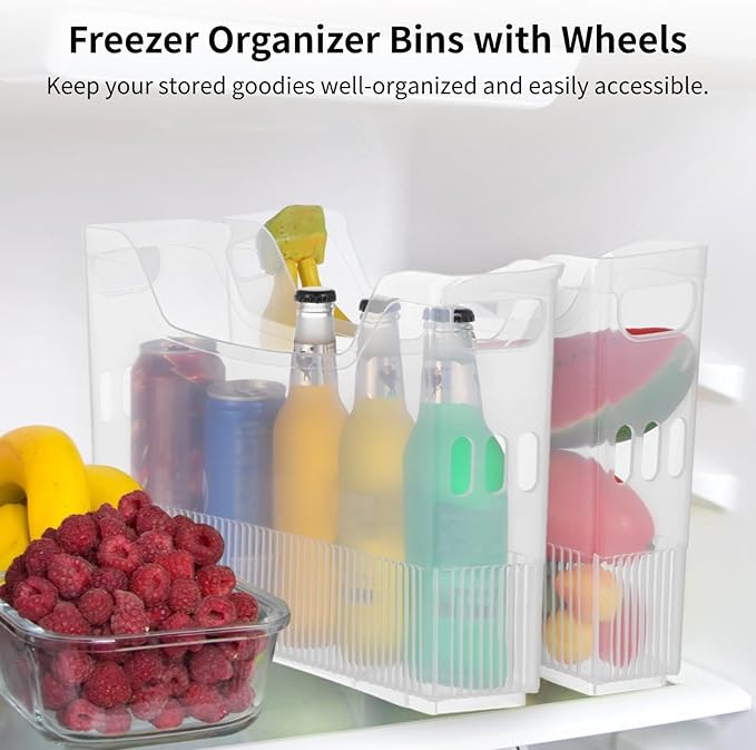 3 Pcs Freezer Drawer Organizer Bins - Clear Plastic Pantry Organizers with Wheels, Tall Narrow Kitchen Organization Rolling Freezer Bins for Bottom Freezer, Storage Containers for Home, Office