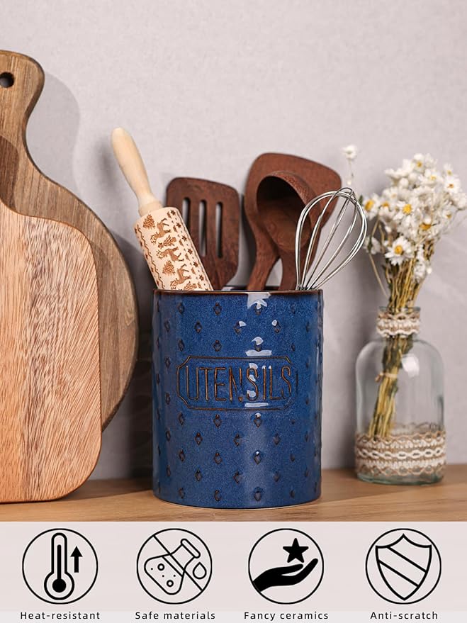Ceramic Utensil Holder, 7" Utensil Crocks for Kitchen Counter, Cooking Utensil Organizer with Countertop Protection, Farmhouse Kitchen Decor (Vintage Blue, 7")