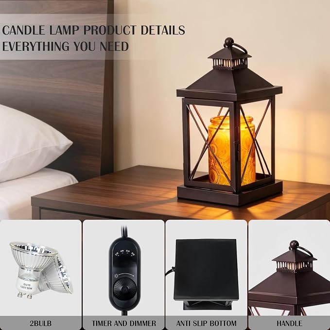Candle Warmer Lamp with Timer,Dimmable Farmhouse Candle Lamp Warmer,Fully Enclosed and Hanging Up Designed Candle Warmer Vintage Lantern Lamp,Compatible with 3 Wick Candles Jars - Coffee