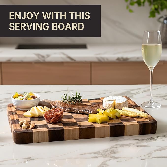 Checkered Cutting Boards for Kitchen, Acacia Wooden Chopping Board with Juice Grooves & Handles, 1.4" Thickened Butcher Block for Meat, Vegetables and Fruits with Gift Box, 1.4" x "16" x 11"