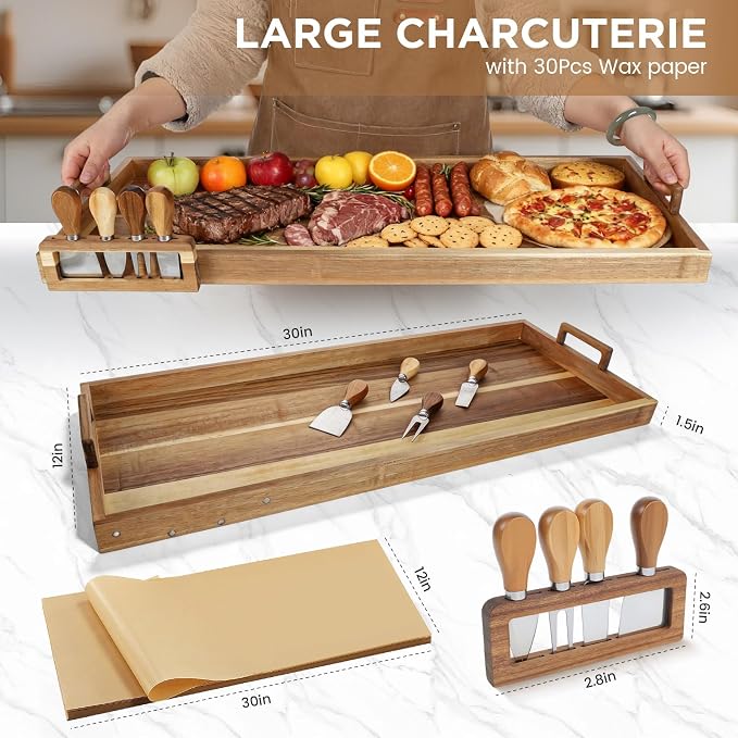 Large Charcuterie Boards with Cheese Knife Set,30 x 12 Inch Acacia Wood Serving Tray with Handles,Long Wooden Charcuterie Board with 30Pcs Wax Paper,Large Cheese Board Gift Set