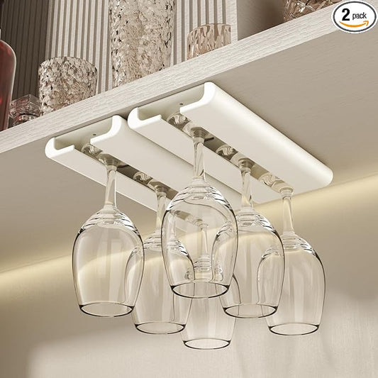 2Pack Wine Glass Holder - Under Cabinet, No Drilling Installation, Stemware Rack, Glass Hanging Rack for Kitchen and Bar (White)