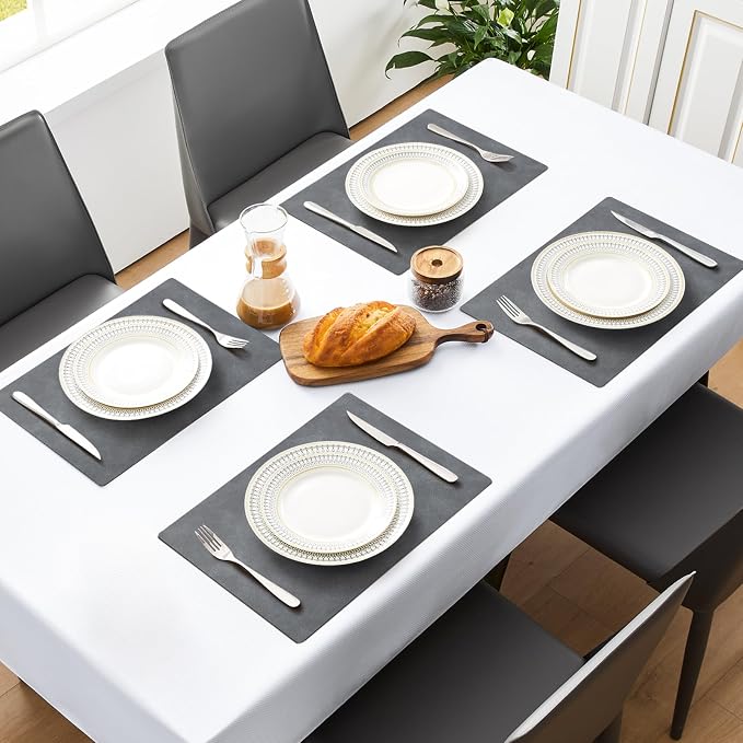 MOSAYT Vinyl Placemats Set of 8-12 X 17 Inch - Faux Leather 100% Waterproof Oil-Proof Wipeable PU Place Mats, Heat Resistant Reversible Table Mats for Kitchen, Dining, Outdoor, Grey