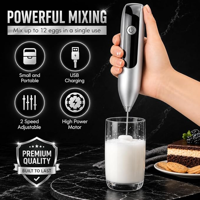GOCHA Rechargeable Milk Frother, USB-C Electric Milk Foamer Handheld, Double Spring Whisk, 2-Speed Foam Maker for Coffee, Latte, Cappuccino, Matcha, Hot Chocolate, Stand Included (Silver)
