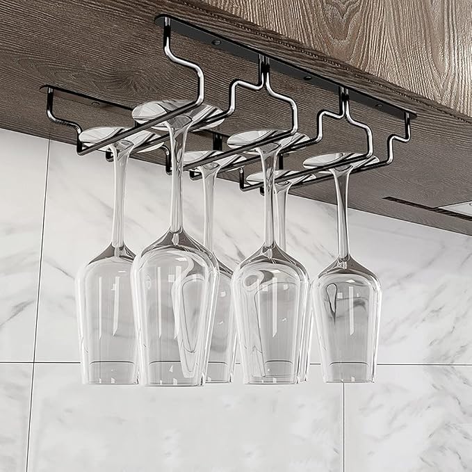 Black Wine Glass Rack - Under Cabinet Stemware Rack, Holds up to 14 Glasses, Hanging Stemware Holder, Stainless Steel Glasses Storage Hanger for Home Kitchen Bar