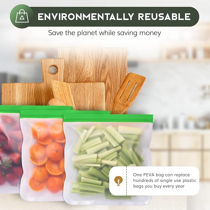 GREENZLA Reusable Freezer Bags, 8-Pack Extra Thick and Leakproof & Resealable - For Safe Food Storage, Marinating, Snacks, & Meal Prep, Reusable Bags for Food, & Freezer Safety