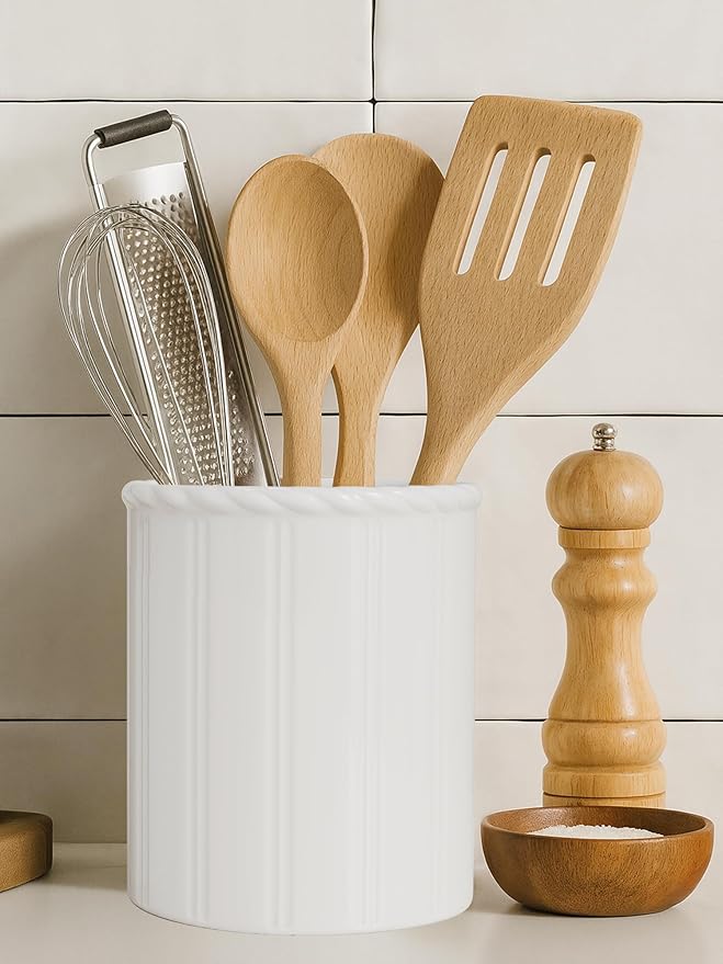 Ceramic Utensil Holder for Kitchen Counter, Modern Kitchen Utensil Holder with Cork Bottom for Countertop, Cooking Tool Organizer for Spatula, 6.3” H x 5.5 ”D, Matte White