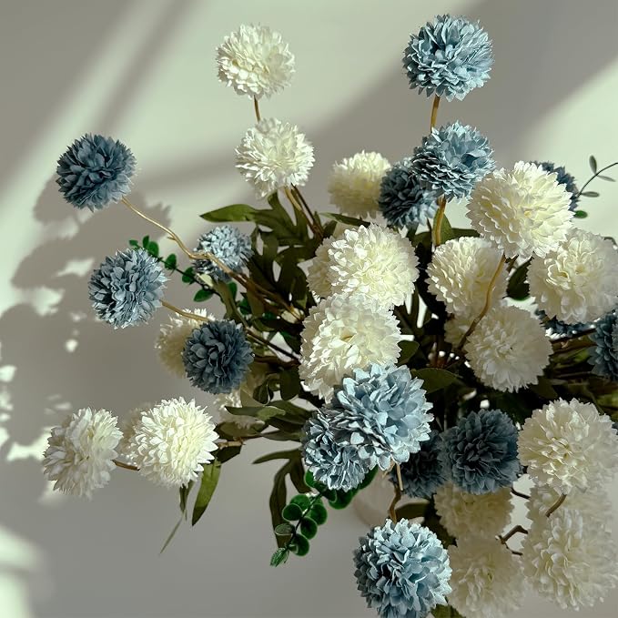 10pcs Faux White & Blue Kiku Flowers, 5 Heads Each Stem & 4 Branches Eucalyptus Stems, Artificial Small Mini Chrysanthemum Flowers for Aesthetic Room Decor, Floral Arrangements Centerpiece