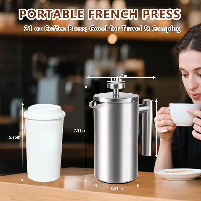 French Press 24 oz, Premium Stainless Steel French Press Coffee Maker 2 cup | Double Wall Insulated French Coffee Presses, 304 Food Grade Stainless Body, Ideal for Camping Travel Home, No Plastic