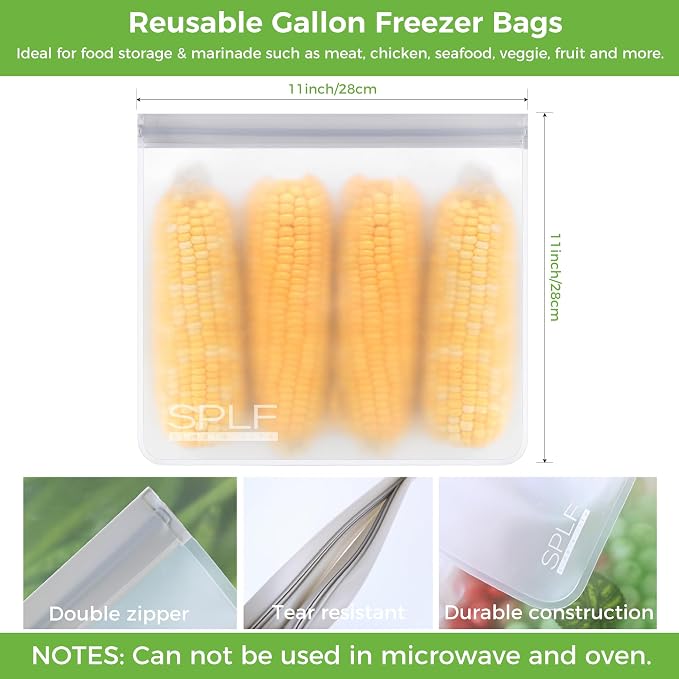 SPLF 6 Pack Reusable Gallon Freezer Bags Dishwasher Safe, BPA FREE Reusable Food Storage Bags, Extra Thick Leakproof Silicone Free 1 Gallon Bags for Marinate Meat, Cereal, Sandwich, Snack, Travel Item