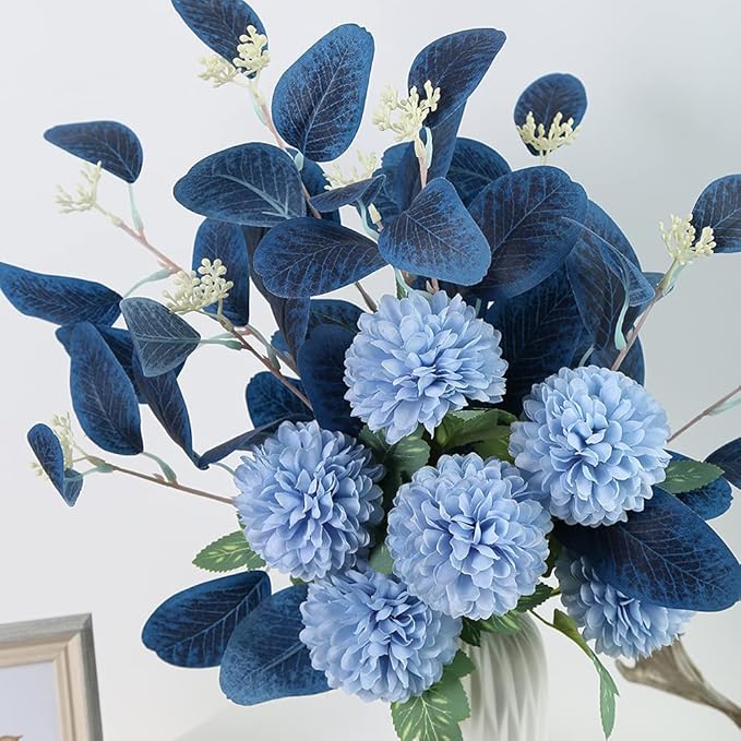 Blue Chrysanthemum Silk Flowers for Decoration Faux Flowers Bouquet for Vase Home Decor Indoor Table Centerpieces Dining Room Floral Arrangement (Without Vase, Dark Blue)
