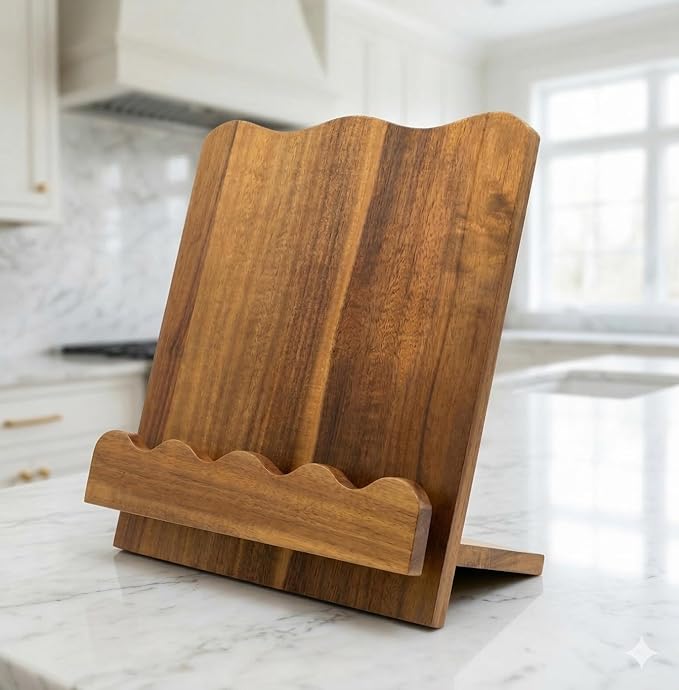 Beautiful Wooden Cookbook Stand for Your Kitchen Counter – Solid Wood Scalloped Book Holder Keeps Cookbooks & Tablets Open, Stable 2-Piece Slot Design, Easy-Clean, Perfect for Everyday Cooking