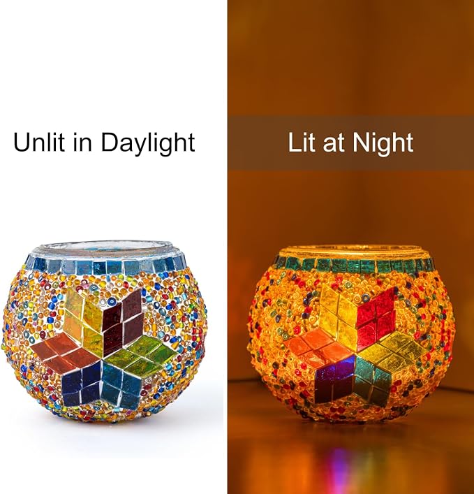 KAFTHAN Mosaic Glass Large Single Candle Holder - Round Bowl, Plant Pot, Votive Candle Holder - Decorative Vase & Unique Table Centerpiece for Wedding, Ball & Home - (3.7" x 3.5", Multicolor Star)