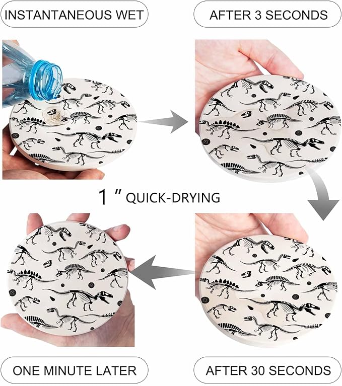 Coasters Set of 6 Dinosaur Fossils Drink Coasters with Holder Absorbent Stone Ceramic Cup Mat Black White Animal Coaster for Drinks Coffee Bar Office Kitchen Cafe Home Decor
