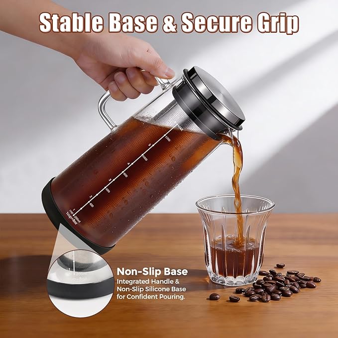 Cold Brew Coffee Maker 1.4L/48oz with Handle, Extended Stainless Steel Filter for Deep Extraction, Iced Tea Pitcher with Non-Slip Base Includes Cleaning Brush & Long Stirring Spoon