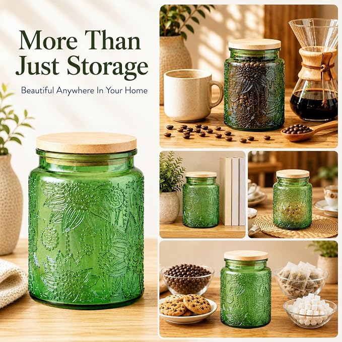 ANSQU Green Glass Canister, Candy Jar with Lid, 23.7 FL OZ Vintage Colored Mason Jars for Kitchen Decorative Jar for Coffee Tea Candy Cookies, Cute Jars (Green, 1 Pack)