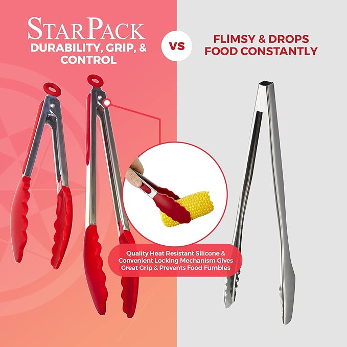 StarPack Premium Silicone Kitchen Tongs Set of 2 (9-Inch & 12-Inch) - Stainless Steel with Non-Stick Silicone Tips, High Heat Resistant to 480°F, For Cooking, Serving, Grill, BBQ & Salad (Cherry Red)