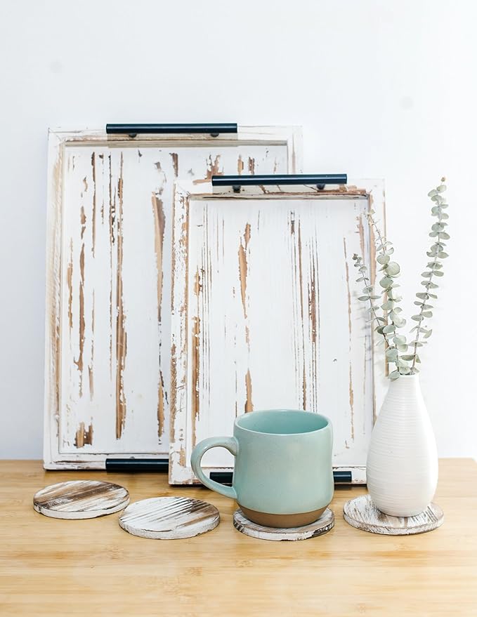 Decorative Ottoman Serving Tray Wooden Rustic (Set of 2) | Black Sleek Metal Handles | 4 Matching Coasters | Coffee Table Decor | Serving Kitchen Platter (Rustic White)