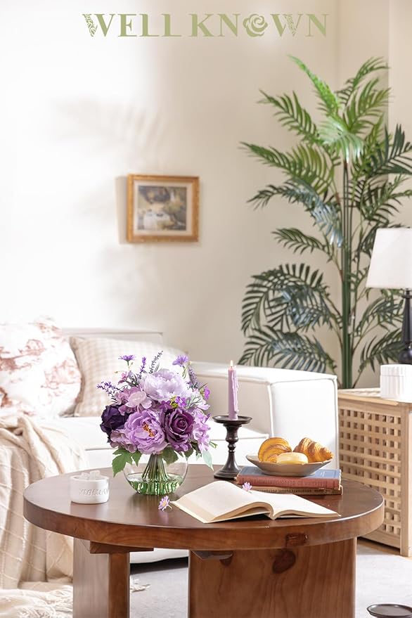 Artificial Flowers in Vase for Home Decor, Fake Lavender & Silk Peony Rose Bouquet Centerpieces in Glass Vase with Fake Water for Party Wedding Dinning Table Office Hotel Decor (Lavender Purple Mixed)