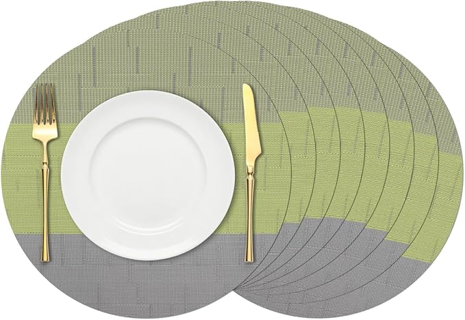 Round Placemats Set of 8, 15 Inch Woven Vinyl Heat Resistant Place Mats, Washable Non Slip PVC Table Mats for Kitchen Dining Party Outdoor Table Decor (Gray Grass Green, 8)