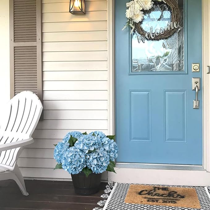JINWOE Light Blue Hydrangea Artificial Flowers, 4PCS 21" Large Lifelike Full Outdoor Silk Artificial Hydrangeas, Fake Flowers Bouquets Arrangement for Porch Home Table Centerpieces Party