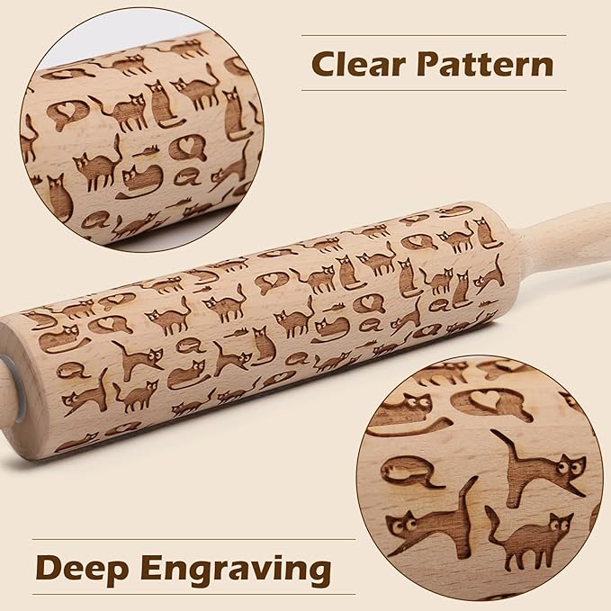 Embossed Rolling Pin for Baking Cookies Embossing Rolling Pins with Design Wooden Engraved Springerle Roller Pin Dough Animal Patterned Clay Pottery Ceramic Stamp Gifts Bakers Women (Cat & Heart)