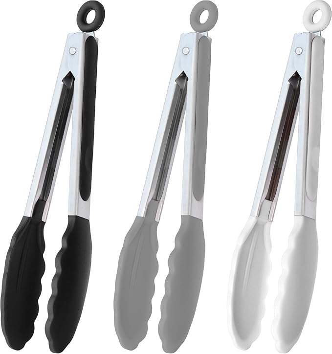 HINMAY 9-Inch Serving Tongs Silicone Tongs, Set of 3 (Black White Gray)