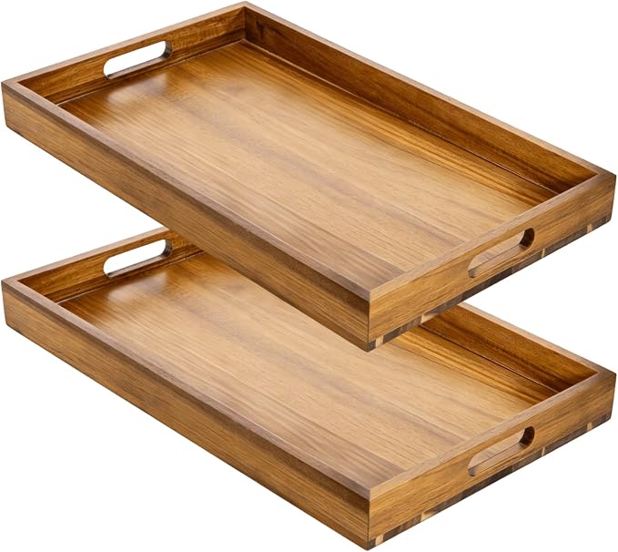 YOUEON 2 Pack 17 x 12 Inch Acacia Wood Serving Tray with Handles, Large Wooden Tray for Ottoman, Breakfast in Bed, Dinner, Coffee Table, Perfect for Living Room, Bedroom & Kitchen