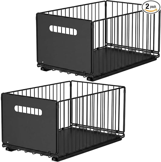 2 Pack Pull Out Cabinet Organizer, 15"" Depth Slide Out Drawer with Nano Adhesive (No Drilling), Heavy Duty Tall Wire Basket for Kitchen, Under Sink, Bathroom, 9.44"" W x 7.08"" H, Black
