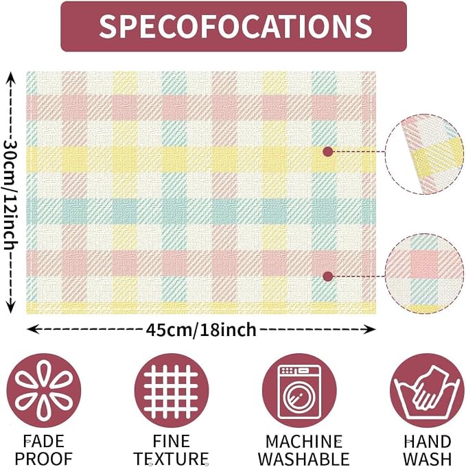 Niviy Buffalo Plaid Blue Pink Yellow Spring Easter Placemats Set of 4, 12x18 Inch Table Mat Easter Placemat Decor for Holiday Party Kitchen Dining Room Decoration
