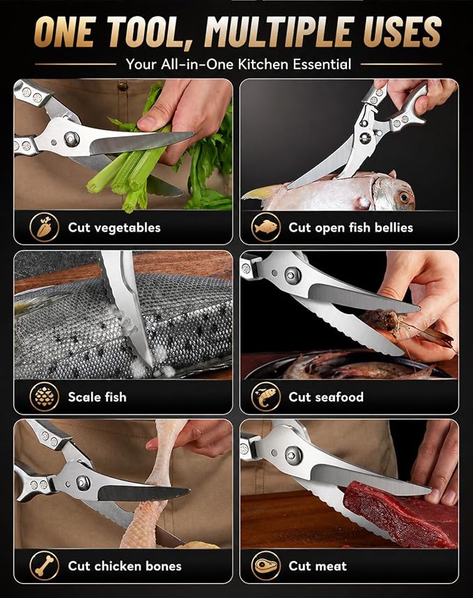 Stainless Steel Bone-Cut Kitchen Scissors, Heavy Duty Kitchen Scissors for Bone Cutting, Poultry Shears with Spring Loaded Handle, Multi-Function Snips for Chicken, Meat, Fish, Vegetables (Style B)