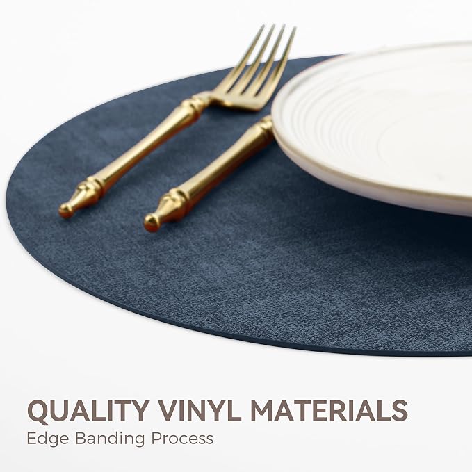 13" Round Placemats Set of 8, Reversible Faux Leather Heat Resistant Table Mats, 100% Waterproof Oilproof Wipeable Table Protective Placemats for Vinyl, Washable for Indoor (8, Navy Blue)