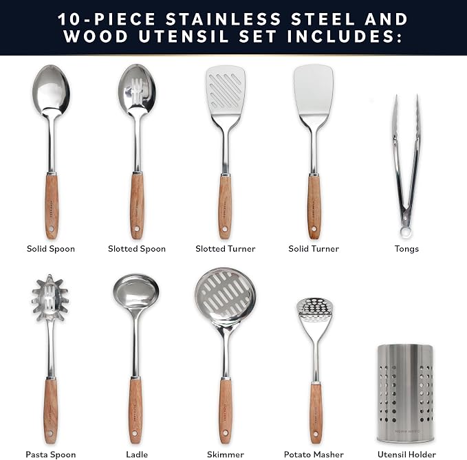 Home Hero Stainless Steel Kitchen Utensils Set - Wood Handle Nonstick Stainless Steel Cooking Utensils Set - Heat Resistant Kitchen Essentials & Metal Kitchen Gadgets (Silver & Wood)