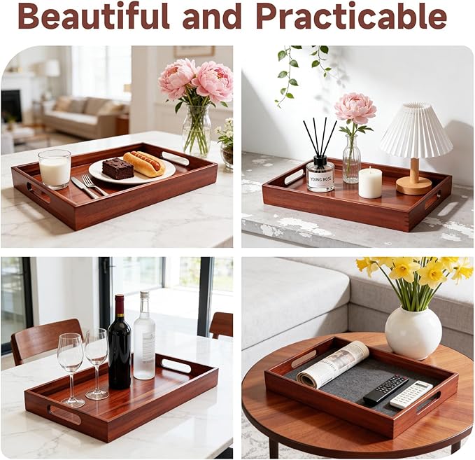 Acacia Wood Serving Tray with Handles, 17 x 12 Inch Large Wooden Tray for Food & Drinks, Coffee Table, Ottoman, Breakfast in Bed – Includes Free Leather Mat