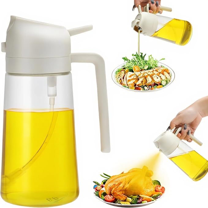 Aovdy 16oz/470ml Glass Olive Oil Sprayer for Cooking - 2 in 1 Olive Oil Dispenser Bottle Spray and Pour for Kitchen Gadgets Cooking Air Fryer Salad BBQ (White)