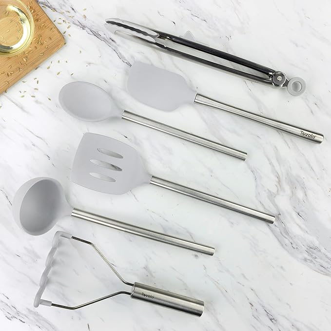 Tovolo Silicone Cooking Utensil Set of 6 Stainless Steel Handle Ladle Slotted Turner Tongs Flex Core Spatula Scraper Mixing Spoon & Potato Masher, Dishwasher Safe BPA Free Utensils, Oyster Gray
