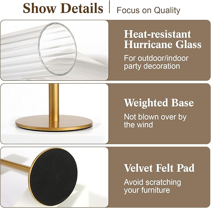 Glass Hurricane Candle Holders Set of 18-Gold Metal Base Taper Candle Stick Holders for CandlesticksHolder Decor, Elegant Dining Table Centerpiece for Wedding, Christmas & Home Decor-Ribbed Glass