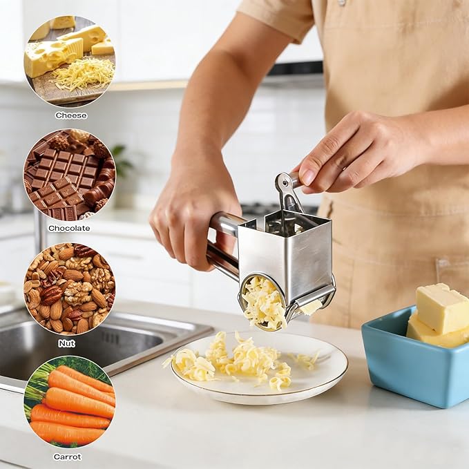 Stainless Steel Rotary Cheese Grater - Handheld Manual Food Shredder with Hand Crank for Hard Cheese, Chocolate and Vegetables, Dishwasher Safe