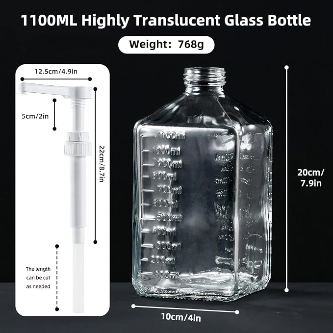 Large Capacity Syrup Dispenser for Coffee Bar, Pump Dispenser 37oz 1100ml Glass Syrup Bottle w Measuring Cup and Funnel, Dispenser Bottle w Upgraded Pump