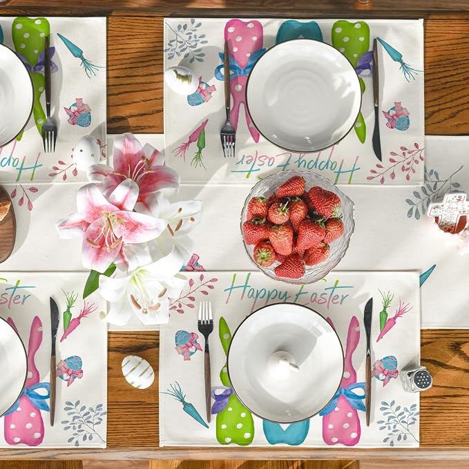 Niviy Green Blue Pink Rabbit Bunny Easter Placemats Set of 6, 12x18 Inch Spring Jesus Easter Table Mats for Holiday Party Kitchen Dining Room Decoration